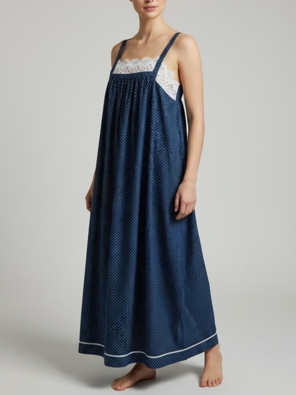 Vintage JCPenney Blue Polka Dot Nightgown USA Made Lace Trim Cottagecore Size S